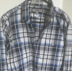 Express Men's Casual Blue and White Plaid Shirt